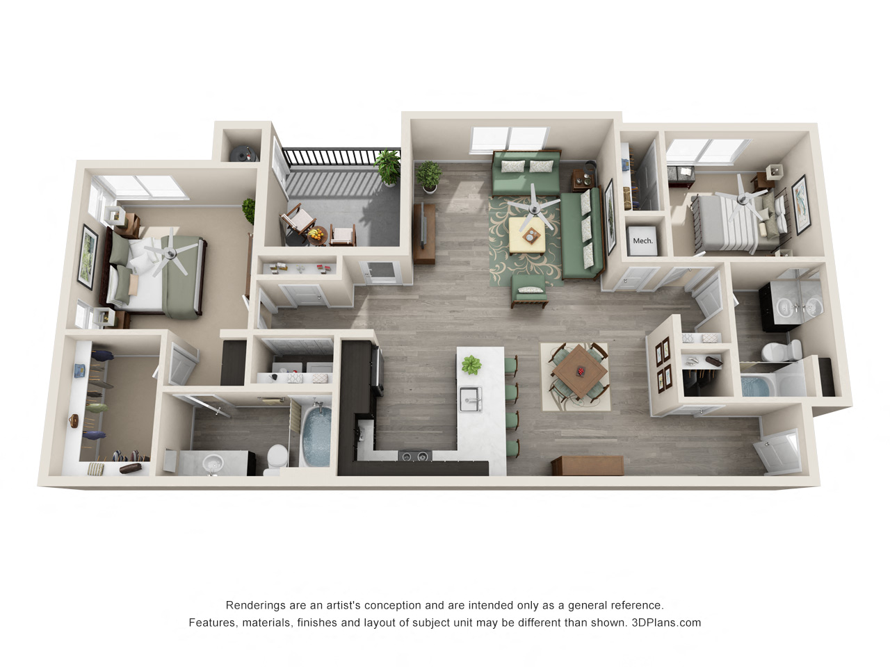 Floor plan for 2 beds, 2 baths, 1198 sqft